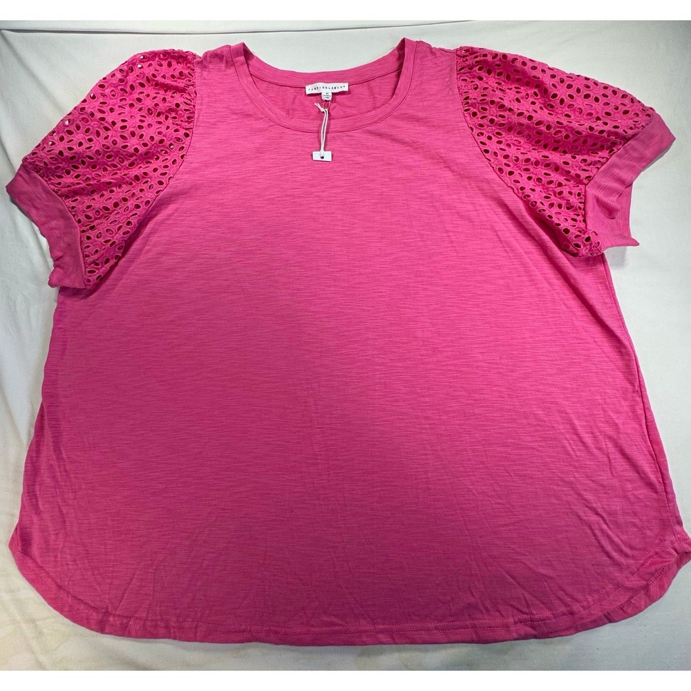 Jane + Delancey Women's Pink Solid Knit Eyelet Round Neck Puff Sleeve, 3X